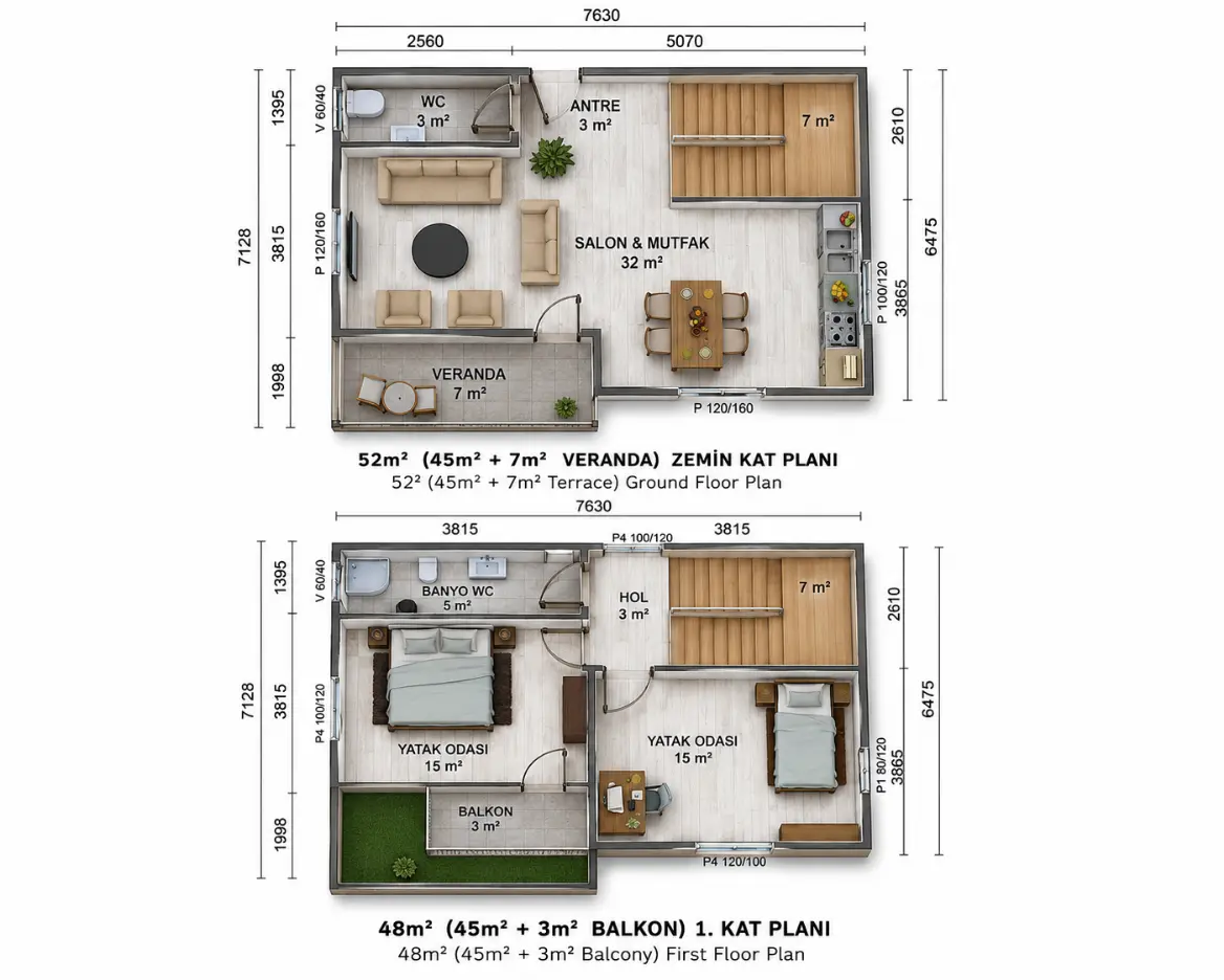 100 m² iki katlı prefabrik konut kat planı görseli
