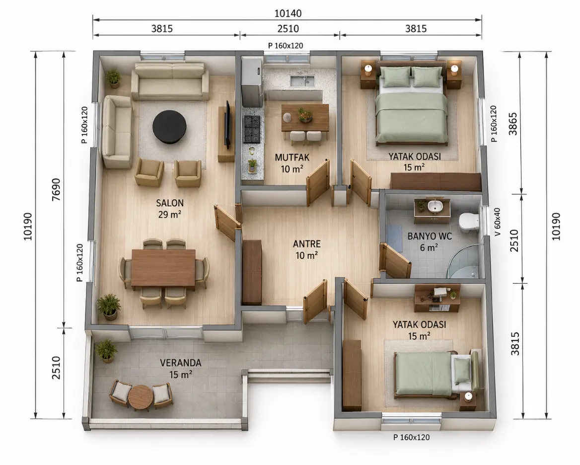 100 m² tek katlı prefabrik konut iç plan görseli