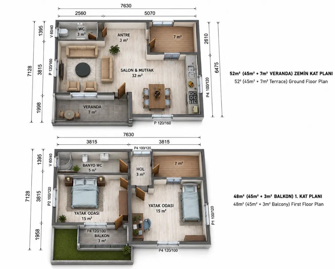 101 m² iki katlı prefabrik konut kat planı görseli