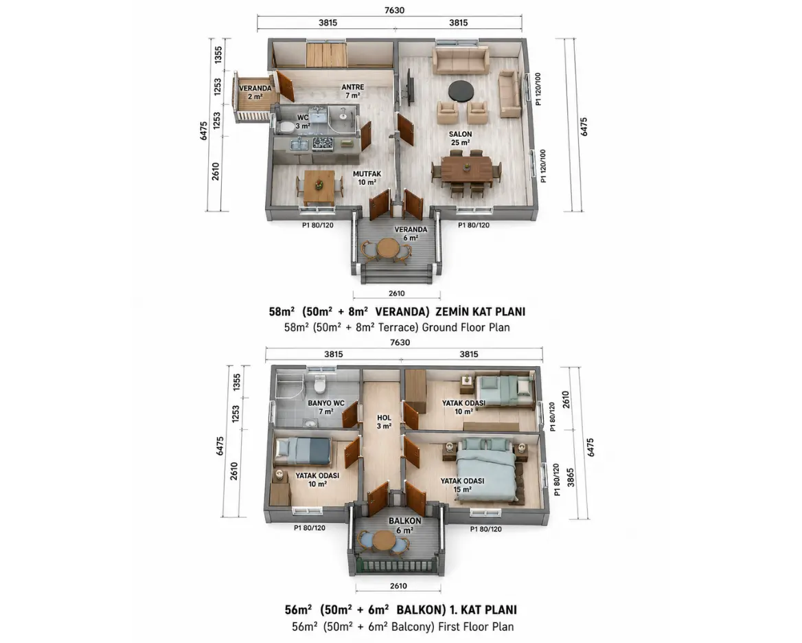 114 m² iki katlı prefabrik konut kat planı görseli