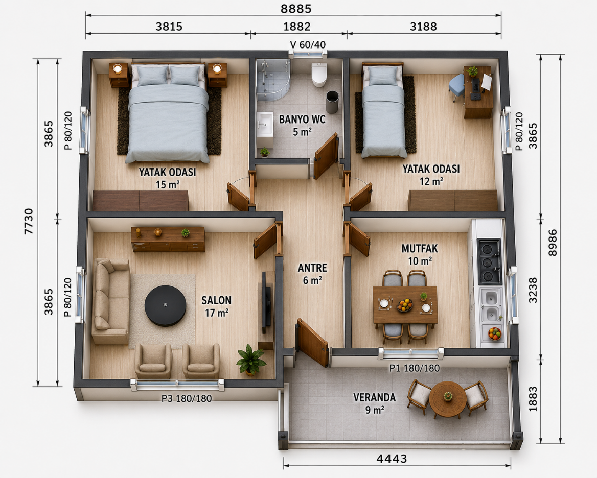 85 m² tek katlı prefabrik konut iç plan görseli