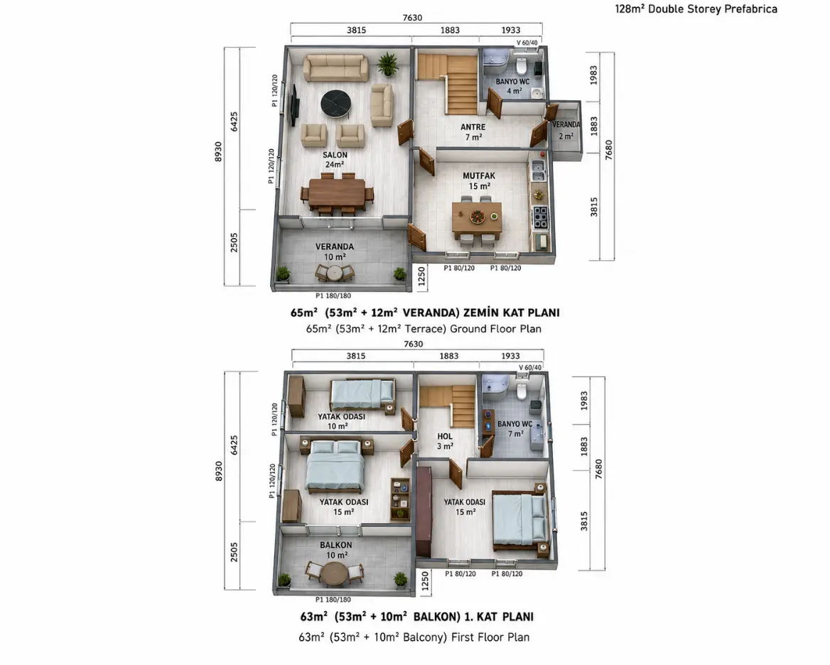 128 m² iki katlı prefabrik konut kat planı görseli