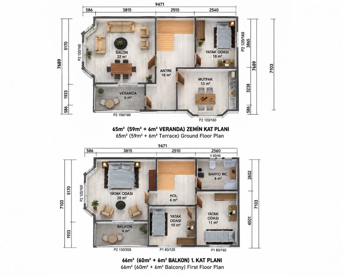 131 m² iki katlı prefabrik konut kat planı görseli