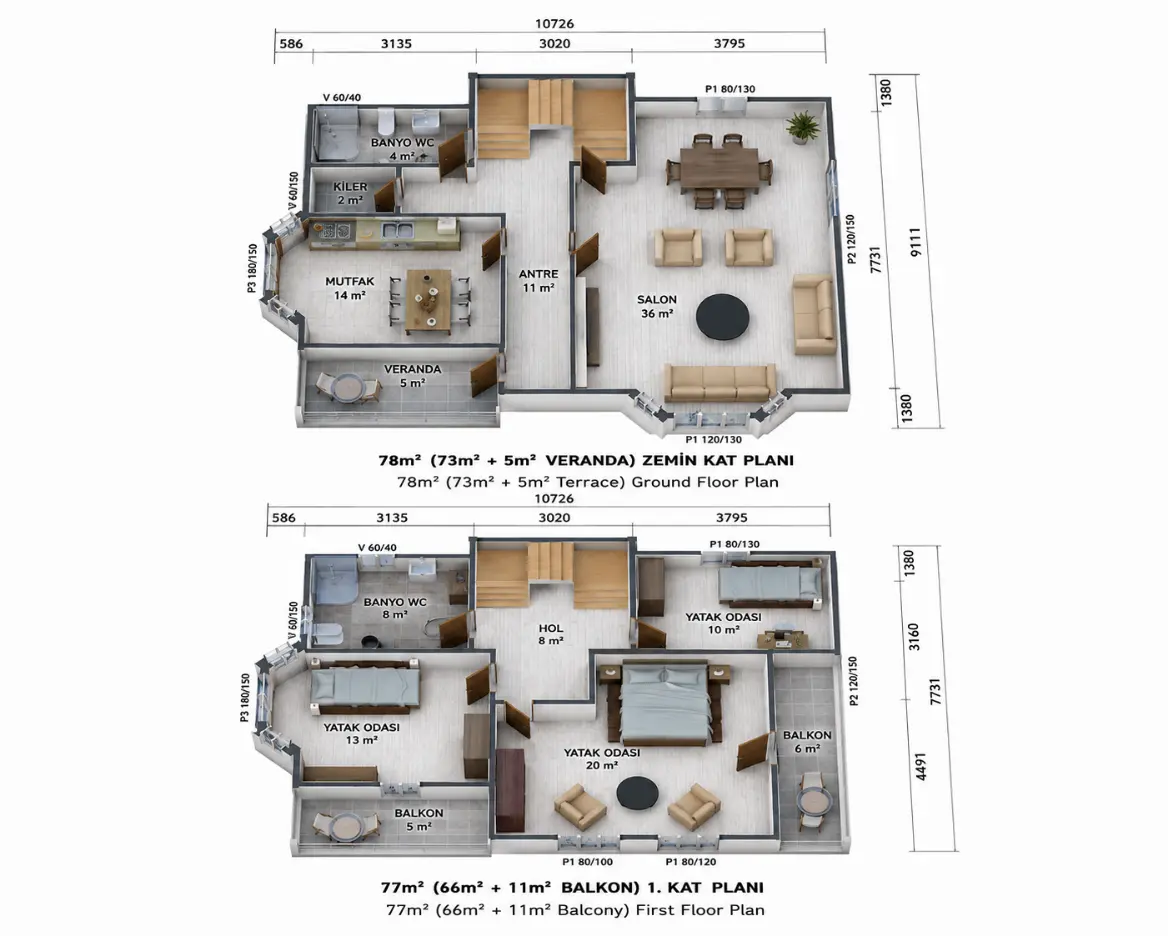 155 m² iki katlı prefabrik konut kat planı görseli