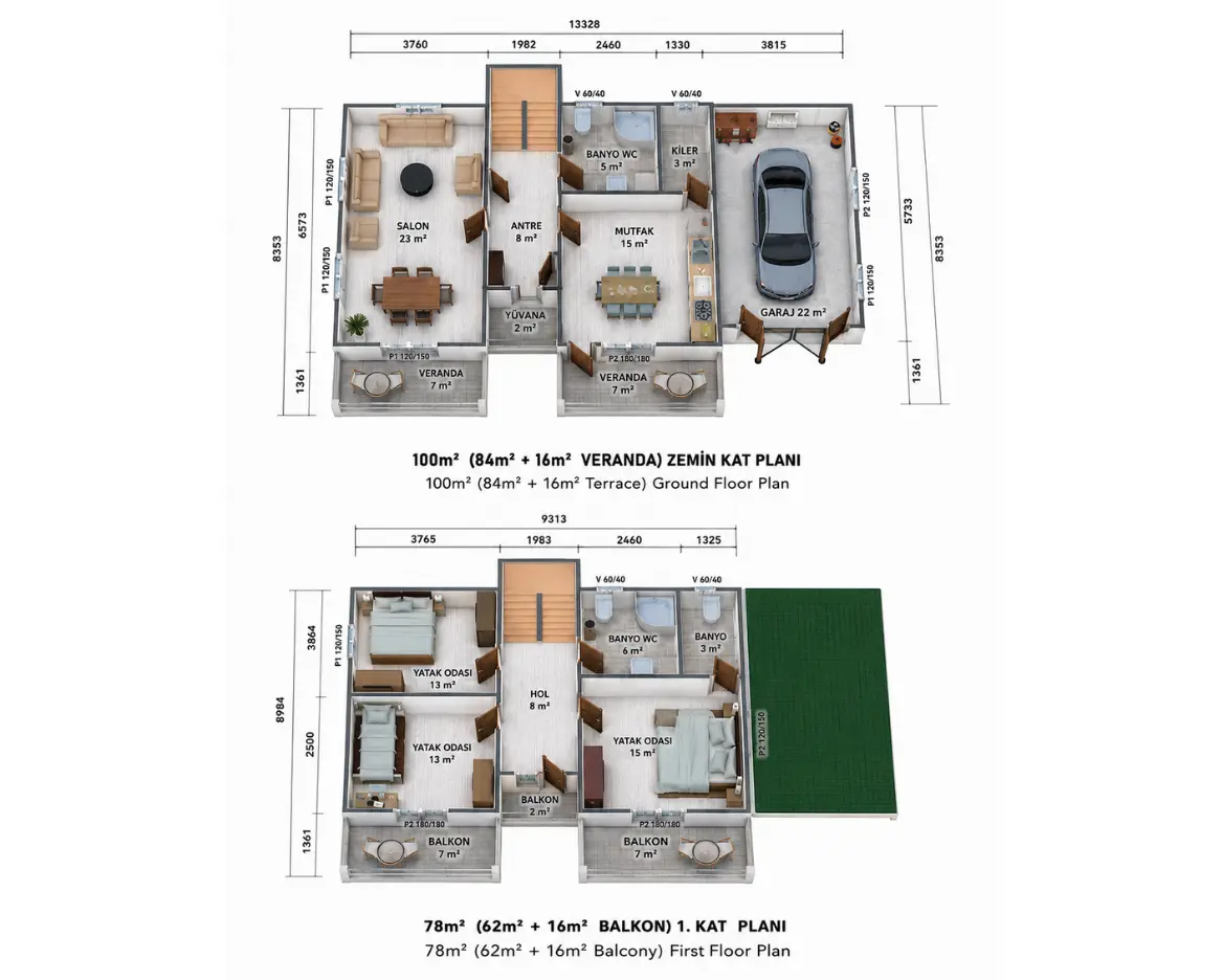 178 m² iki katlı prefabrik konut kat planı görseli