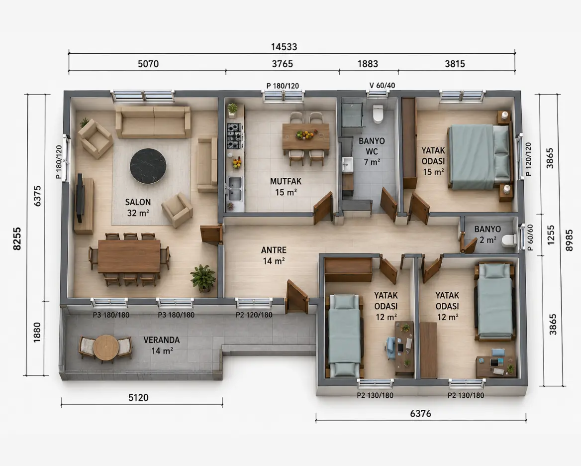 123 m² tek katlı prefabrik konut iç plan görseli