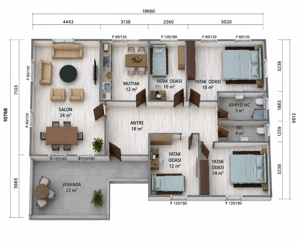 149 m² tek katlı prefabrik konut iç plan görseli
