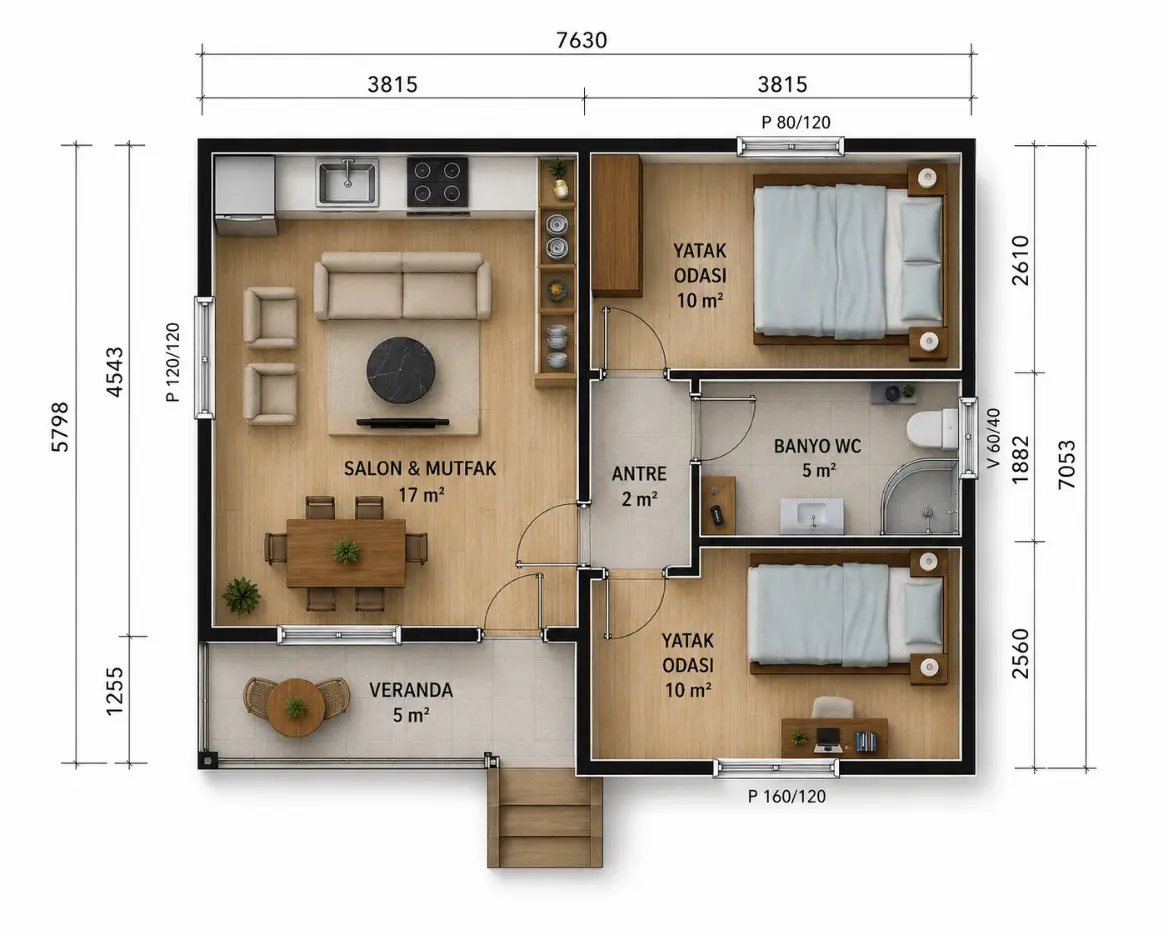 40 m² tek katlı prefabrik konut iç plan görseli