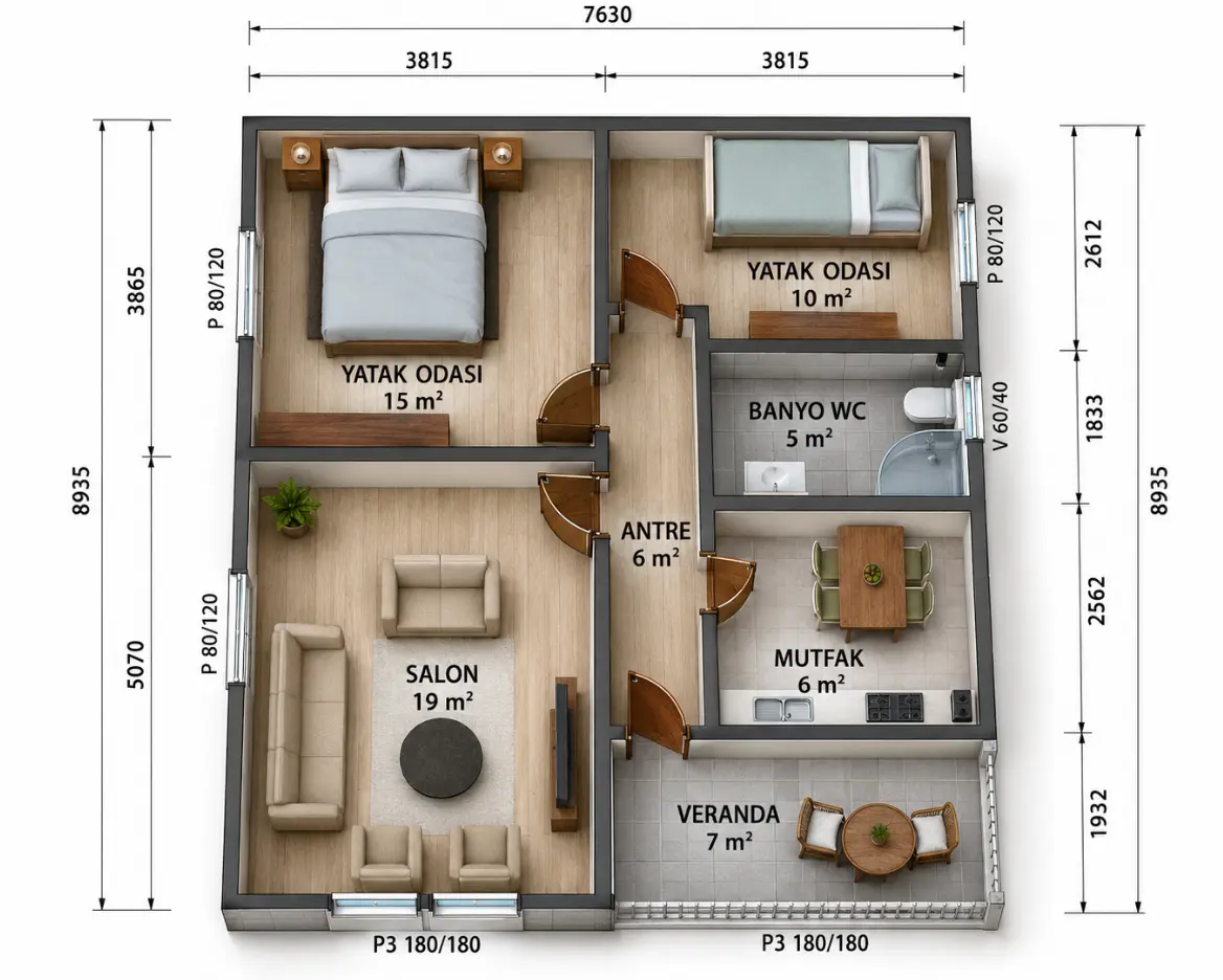68 m² tek katlı prefabrik konut iç plan görseli