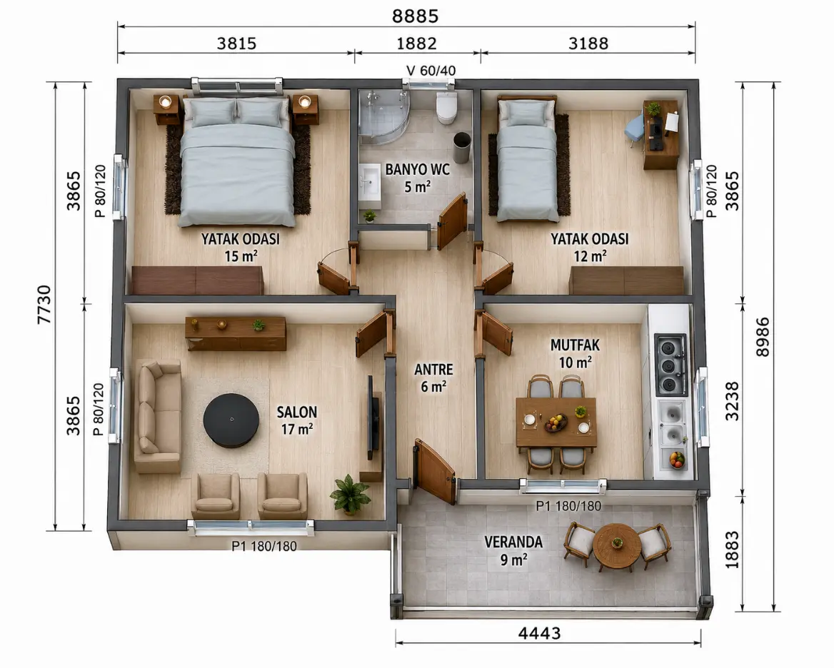74 m² tek katlı prefabrik konut iç plan görseli