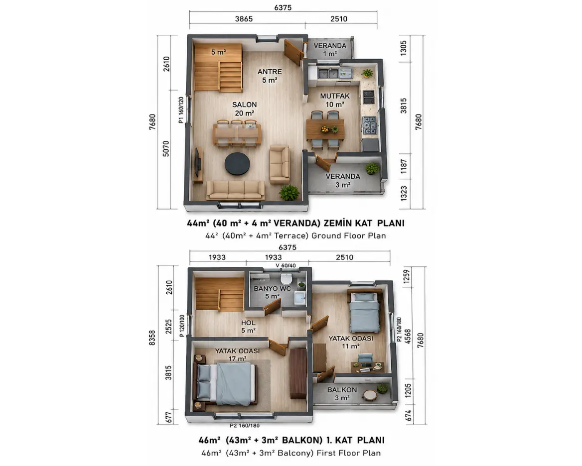 90 m² iki katlı prefabrik konut kat planı görseli