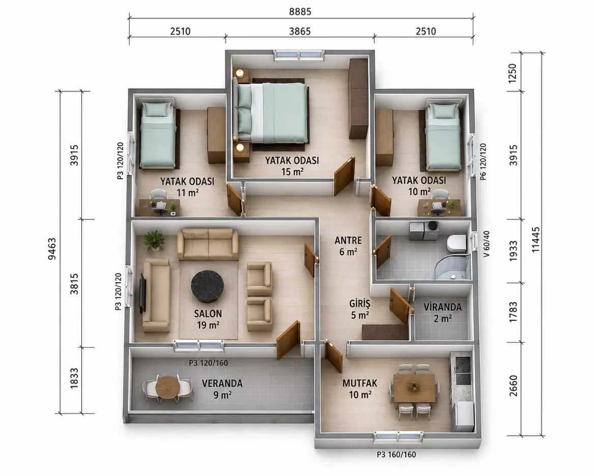 92 m² tek katlı prefabrik konut iç plan görseli