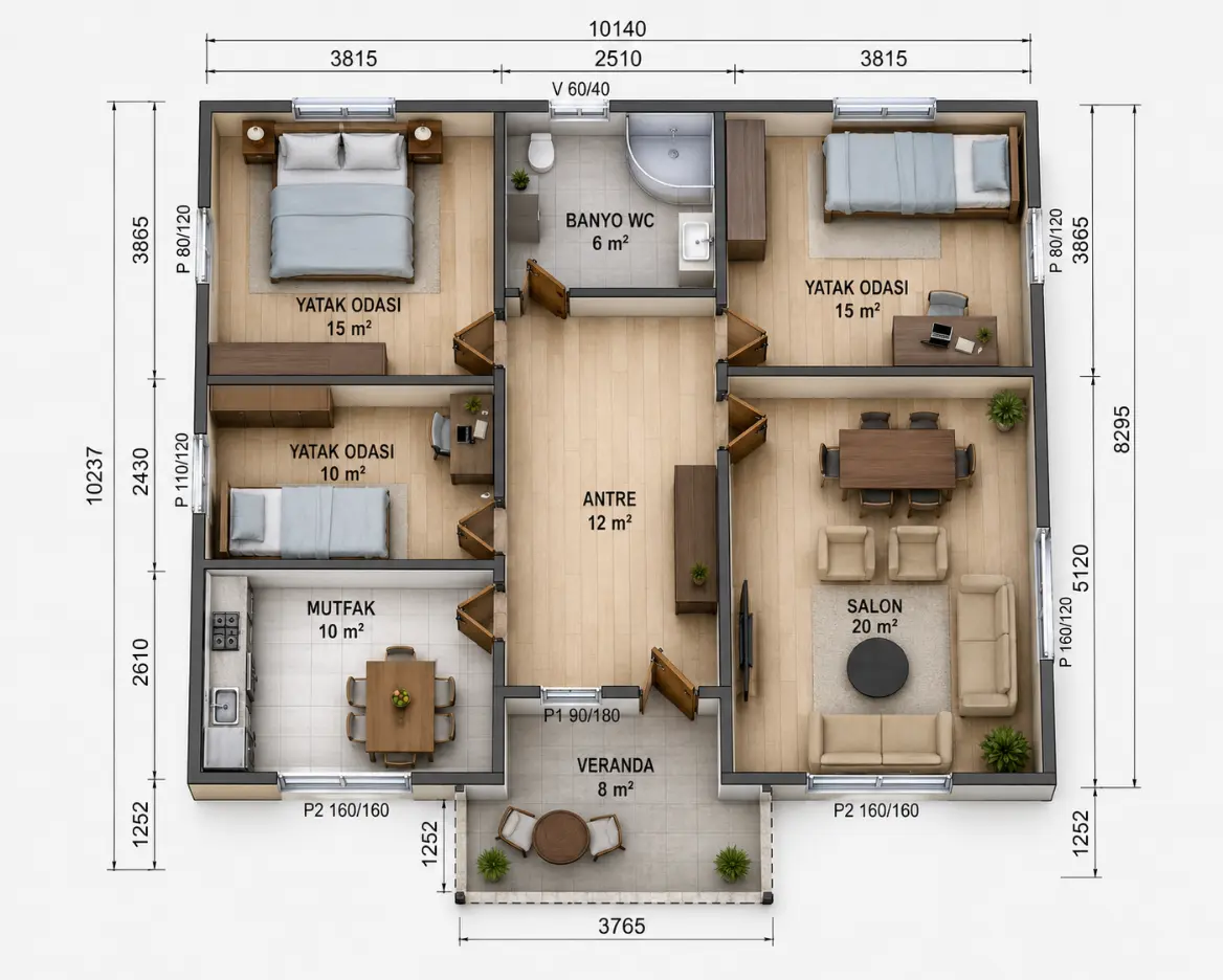 96 m² tek katlı prefabrik konut iç plan görseli
