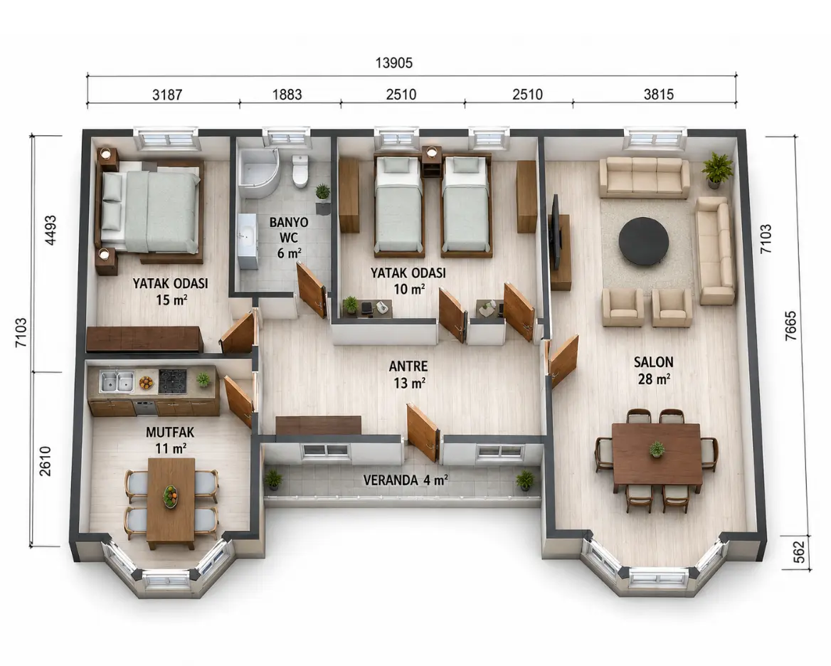 98 m² tek katlı prefabrik konut iç plan görseli