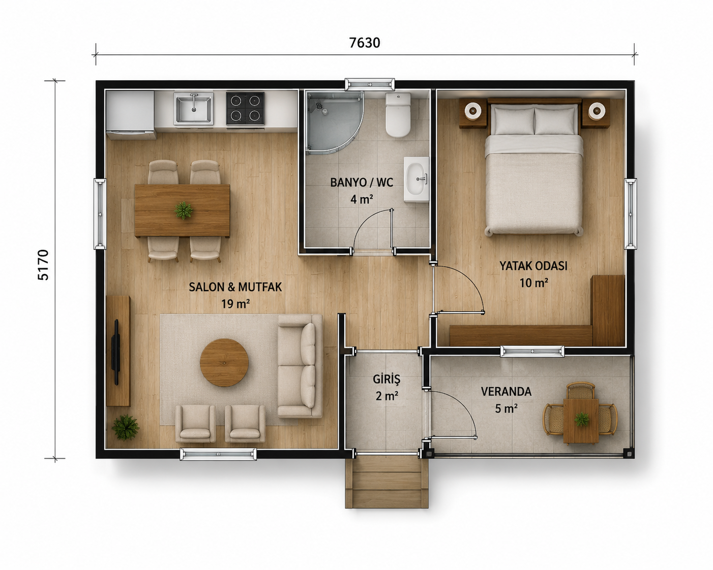 40 m² tek katlı prefabrik konut iç plan görseli